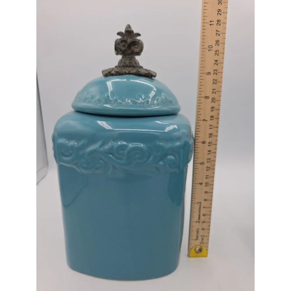 Drake Design Tuscan Scroll Fleur De Lis Turquois Square Canister No Base 11 1/2